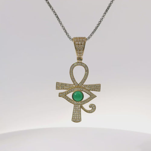 14KT Gold Charm Large White CZ Stones Ankh with Green Eye of Horus Center and White CZ Stones Bell
