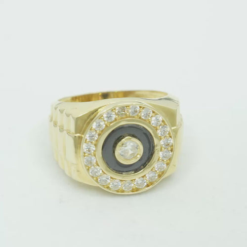 14KT Gold Ring Men's Jumbo Round White CZ Center Stone Plain Border on Onyx Background with White CZ Stones Border Side Design Jubilee