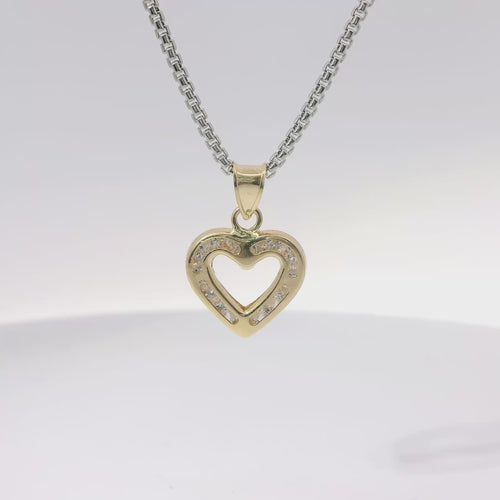 14KT Gold Charm Small White CZ Stones Open Heart Outline with Plain Bell