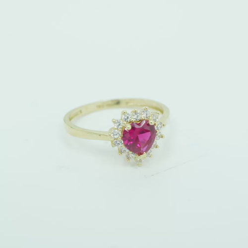 14KT Gold Ring Women's Flower Heart Red Center Stone with White CZ Stone Petal Border Plain Band