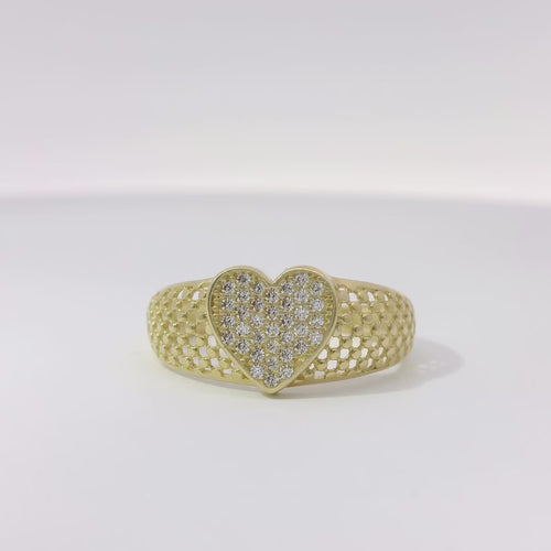14KT Gold Ring Women's White CZ Stones Heart Shape Cluster Center with Plain Borders and Honeycomb Mesh Band