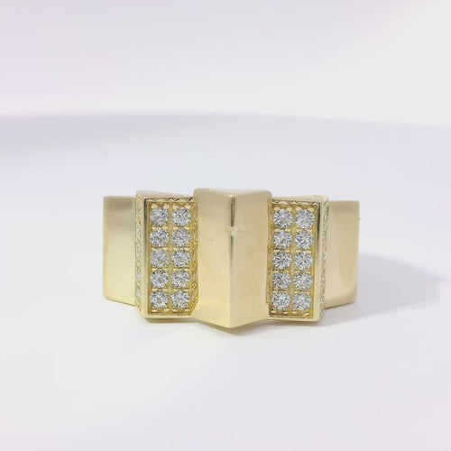 14KT Gold Ring Women's Five Raised Prisms Alternating Plain and White CZ Stones Section with  Plain Band