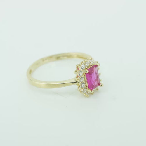 14KT Gold Ring Women's Flower Red Rectangle Center CZ Stone with White CZ Stone Petal Borders and Plain Band
