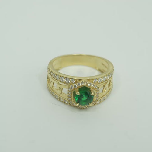 14KT Gold Ring Men's Hexagon Green CZ Round Center Stone White CZ Stone Border and Miami Link Band with Single Row White CZ Stones Border