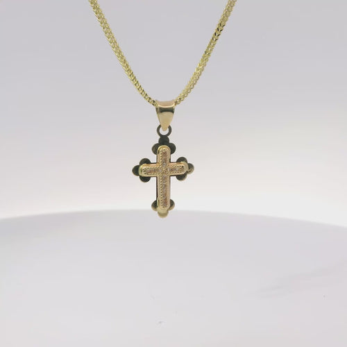 14KT Gold Charm Extra Small White CZ Stone Cross Center with Plain Club Shape Ends Border and Plain Bell