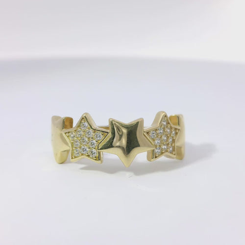 14KT Gold Ring Women's Five Stars Band with Three White CZ Stone Stars and Two Plain Stars Plain Band
