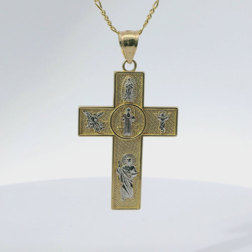 14KT Gold Charm Small Two Tone Catholic Saints Cross with Virgin Mary, St Michael, St Charbel, St Christopher, and St. Jude Center and Plain Bell