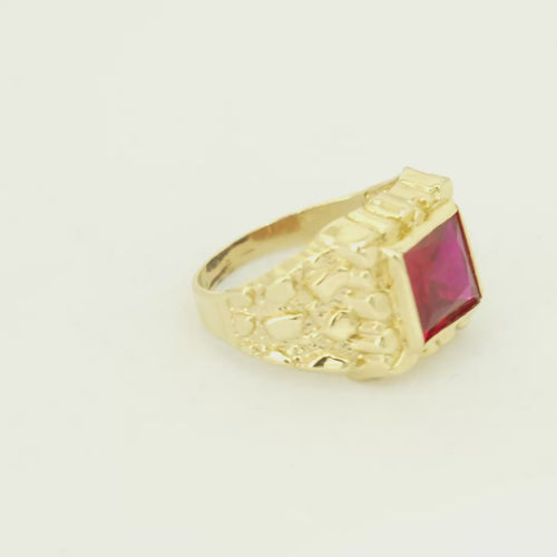 14KT Gold Ring Men's Red Square CZ Stone Nugget Border Side Design Nugget