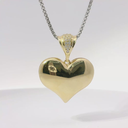 14KT Gold Charm Medium Flat Back Puff Heart with White CZ Stones Edge and Bell