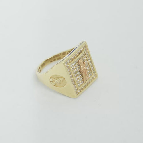 14KT Gold Ring Men's Two Tone Rectangle Standing Santa Muerte White CZ Top Border Side Design Praying Hands