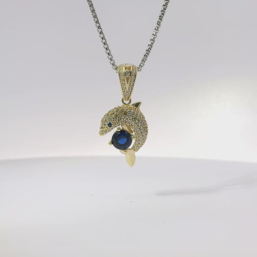 14KT Gold Charm Medium 3D Dolphin with Royal Blue CZ Stone Center, White CZ Stones Body, and Bell
