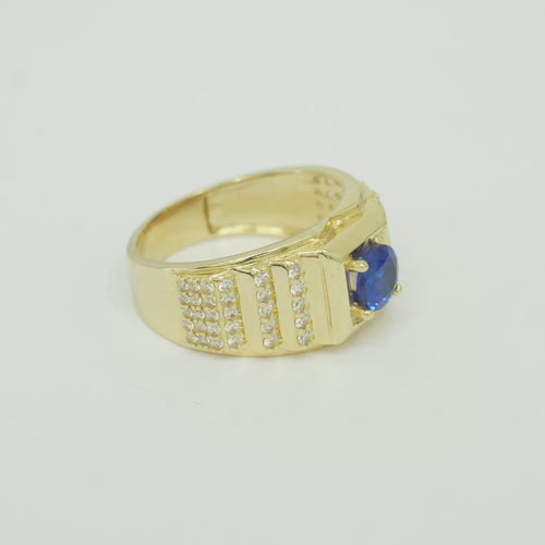14KT Gold Ring Men's Square Blue Round CZ Stone Plain Square Border Side Design Three Tiers of Single Row White CZ Stones Stairs and Triple Row of White CZ Stones Under Stairs