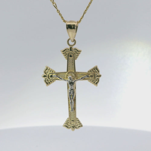 14KT Gold Charm Large Two Tone Wing Ends Crucifix Cross with Plain Bell
