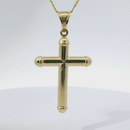 14KT Gold Charm Large Hollow Tube Plain Cross with Rounded Capped Ends and Plain Bell