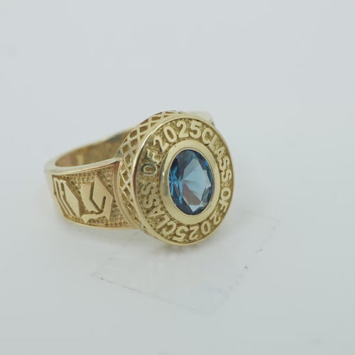 14KT Gold Ring Women's Turquoise "Class of 2025" Oval Center CZ Stone White Round CZ Stones Border Plain Graduation Hat/Books Band