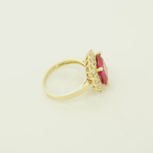 14KT Gold Women's Ring Square Jumbo Red Center CZ Stone with Round White CZ Stones Border and Plain Band