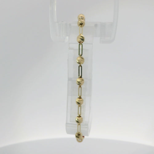 14KT Gold Bracelet Women's Alternating Diamond Cut Beads and Plain Paperclip Link with Two Red Evil Eyes links, White CZ Stone Ends, and Lobster Clasp