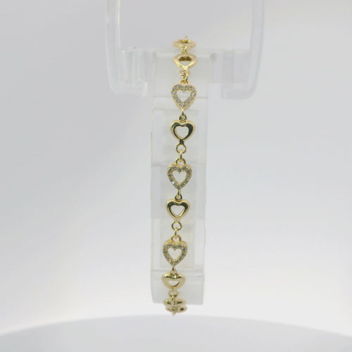 14KT Gold Bracelet Women's Alternating White CZ Stones Open Hearts and Plain Open Hearts and White CZ Stone End Cuban Link Lobster Clasp Band