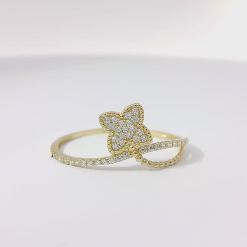 14KT Gold Ring Women's Light Weight White CZ Stones Clover Ballon Beaded Bypass Band