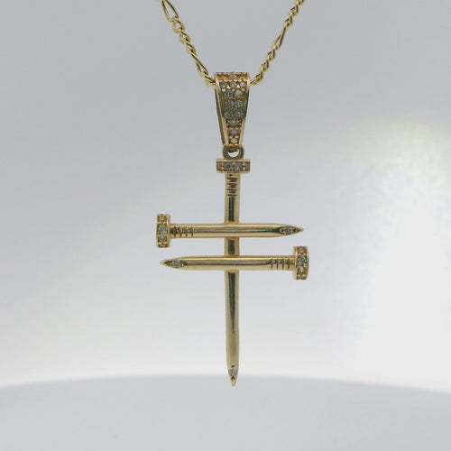 14KT Gold Charm Large Triple Nail Cross with White CZ Stones Nail Heads and Bell