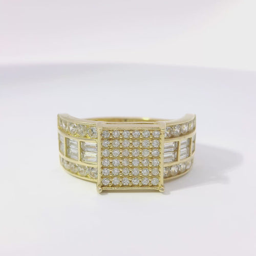 14KT Gold Ring Women's Mini Square Four Prong Six Row White CZ Stones Cluster with Four Sections of Two CZ Baguettes with Single Row of Round White CZ Stones Border Band