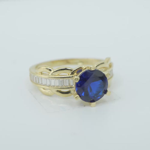 14KT Gold Ring Women's Round Navy Blue 6 Prong Center CZ Scallop Border Baguette Band