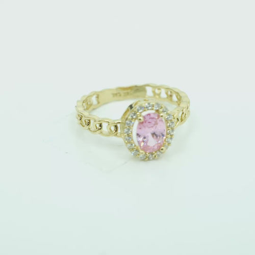 14KT Gold Ring Women's Oval Pink Center Stone with White CZ Stone Border Chino Band
