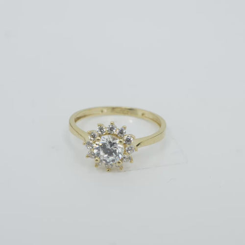 14KT Gold Ring Women's Flower White Round Center CZ Stone with White CZ Stone Petal Borders and Plain Band