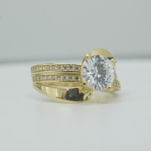 14KT Gold Ring Women's Round White CZ Center Stone Double White CZ Stone Band with Plain "S" Ribbon