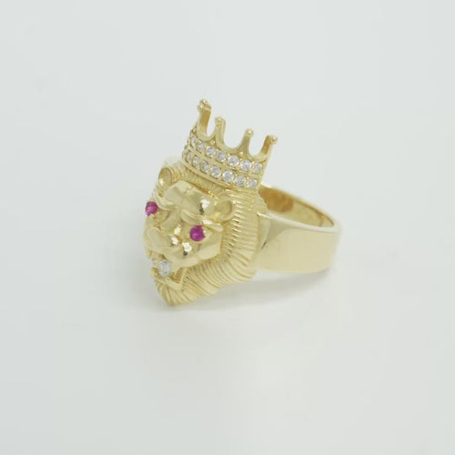 14KT Gold Ring Men's Crowned Lion Head with White CZ Stones Crown/Mouth Red CZ Stones in Eyes