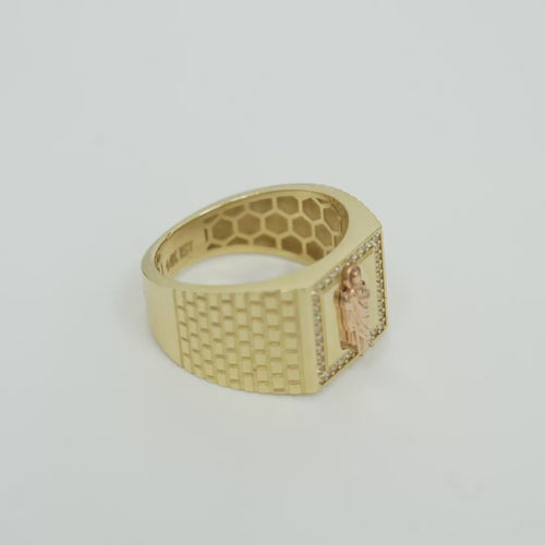 14KT Gold Ring Men's Square Two Tone St. Jude with White CZ Border and Brick Wall Print Band