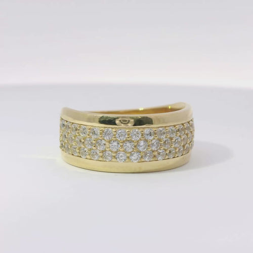 14KT Gold Ring Women's Band Wide Triple Row of White CZ Stones and Plain Borders