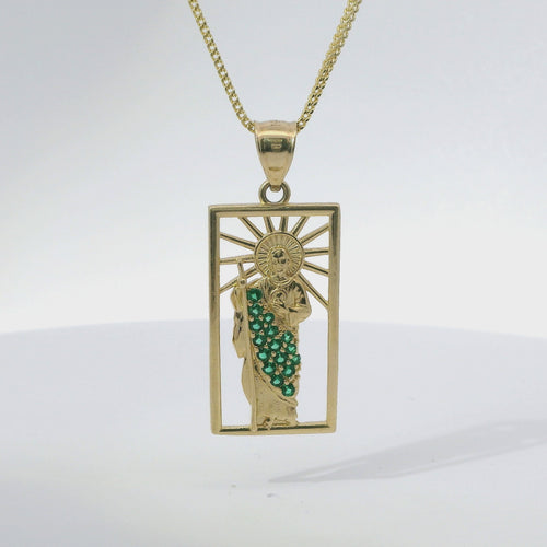 14KT Gold Charm Large Open Rectangle St Jude Center with Green CZ Stones Robe and Plain Bell