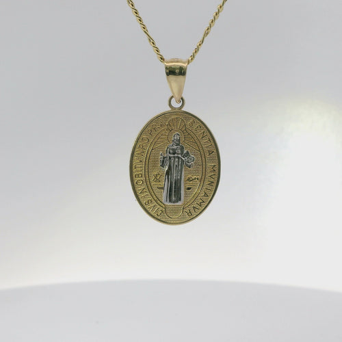 14KT Gold Charm Medium Two Tone Oval St Benedict Coin with Plain Bell
