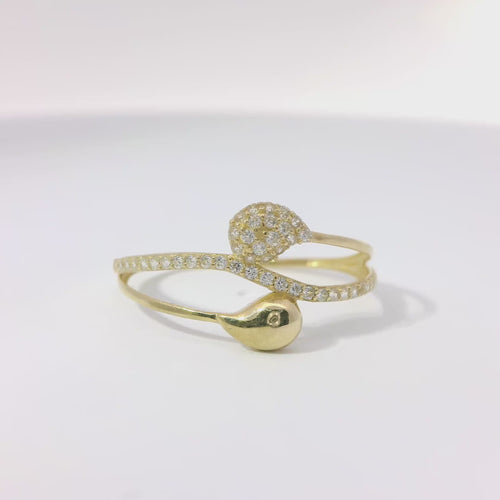 14KT Gold Ring Women's Light Weight White CZ Stone Split Tear Drop Bypass Band