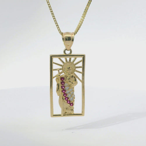 14KT Gold Charm Large Open Rectangle St Jude Center with Red and White CZ Stones Robe and Plain Bell