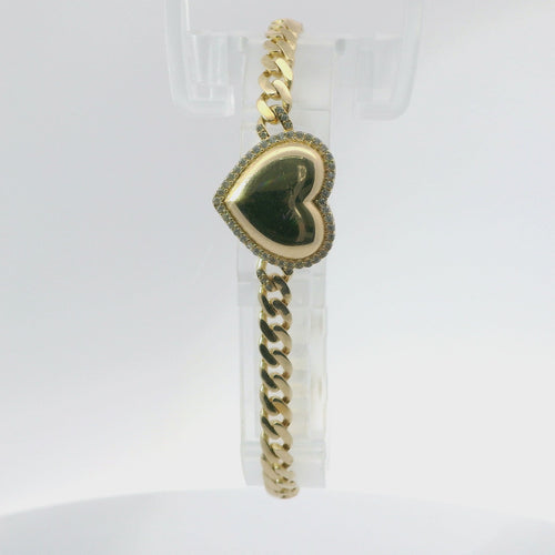 14KT Gold Bracelet Women's Single Charm Engravable Puff Heart with White CZ Stones Border and White CZ Stone End Cuban Link Lobster Clasp Band
