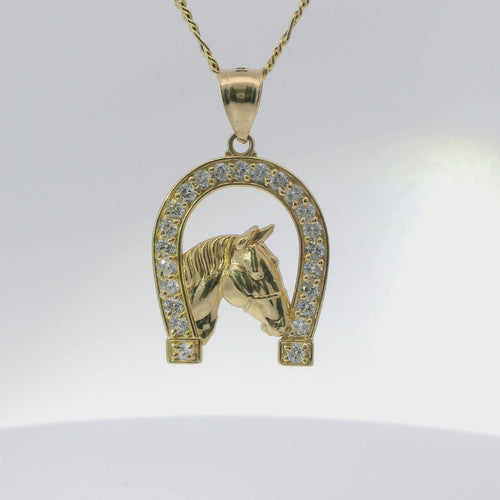 14KT Gold Charm Large Horsehead Center with White CZ Stones Horseshoe Border and Plain Bell