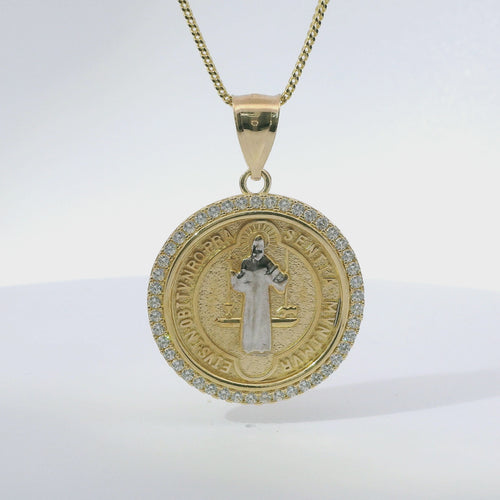 14KT Gold Charm Large Round Two Tone St Benedict Coin with White CZ Stones Border and Plain Bell