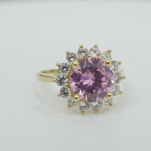 14KT Gold Ring Women's Jumbo Round Pink Center CZ with Round White CZ Stones Border and Plain Band
