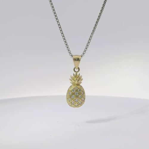 14KT Gold Charm Mini Pineapple with White CZ Stones and Plain Bell