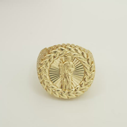 14KT Gold Ring Men's Round St. Jude Wreath Border White CZ Stones Leaf Pattern on Shank (Two White CZ Stones in each Leaf)