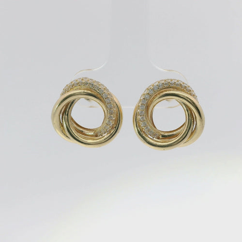 14KT Gold Earrings Medium Round Two Strand Open Center Interlocking White CZ Stones Rings with Push Back Post and Butterfly Backs