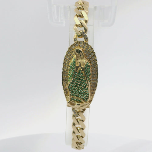14KT Gold Bracelet Women's Single Oval Charm Virgin Mary with Green CZ Stones Robe, White CZ Stones Background, and Cuban Link White CZ Stones Crowned Diamond Shape Emblem Box Clasp Band