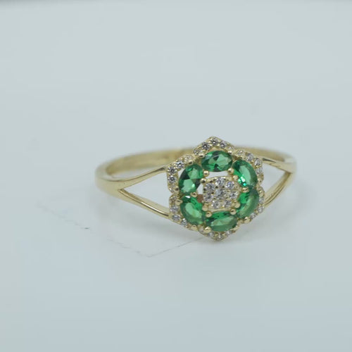 14KT Gold Ring Women's Flower Mini 6 Dark Green Oval Petals with Round White CZ Stones Center and White CZ Stone Leaf Outline Border and Plain Split Band