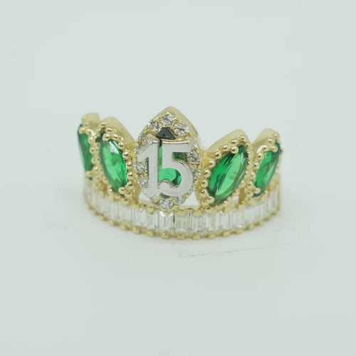 14KT Gold Ring Women's "15" Quinceanera Crown Dark Green CZ Stones with White Baguette CZ Stones Band Plain Shank