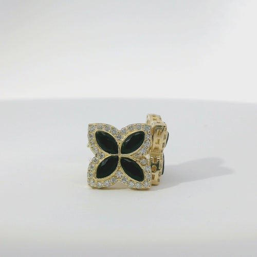 14KT Gold Earrings Small 3D Black Marquise CZ Stones Four Leaf Clover with White CZ Stones Border, Plain Edge, and Push Back Post with Butterfly Backs