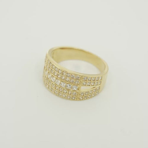14KT Gold Ring Men's Split Band Seven White CZ Stone Center Row with Double Row Top/Lower White CZ Stone Border and Triangle Cutout on Each Side