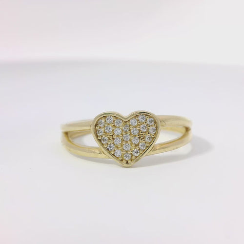14KT Gold Ring Women's White CZ Stones Heart Cluster Center with Plain Split Band