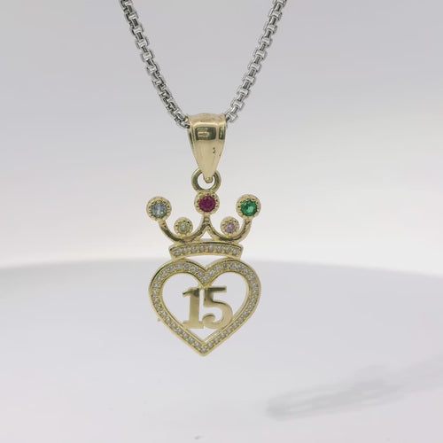14KT Gold Charm Small Quinceanera "15" White CZ Stones Heart Outline with Multi Color Crown and Plain Bell